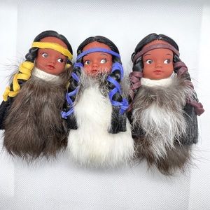 3 Miniature Native American Dolls with Leather Hair Ties and Rabbit Fur Wraps